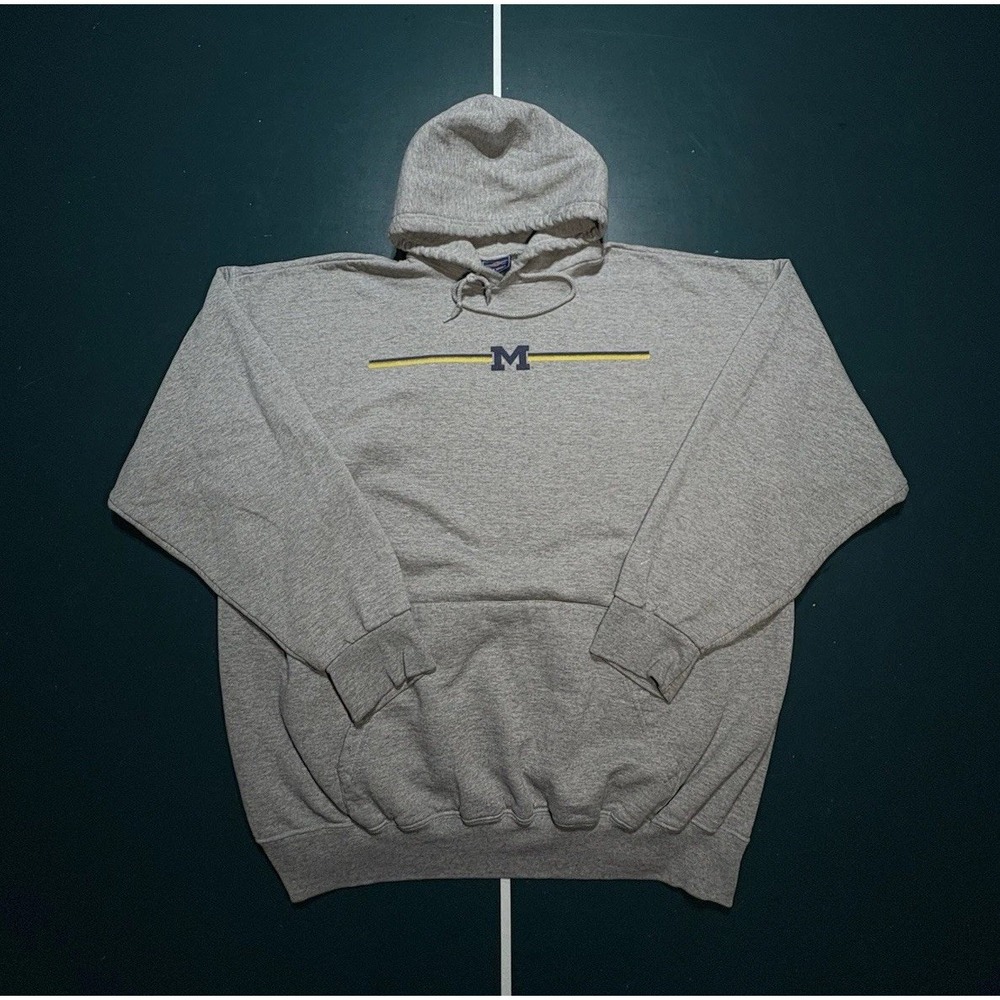 Vintage Michigan Wolverines Hoodie Sweatshirt Men's XL Gray Chest Stripe 90s‎